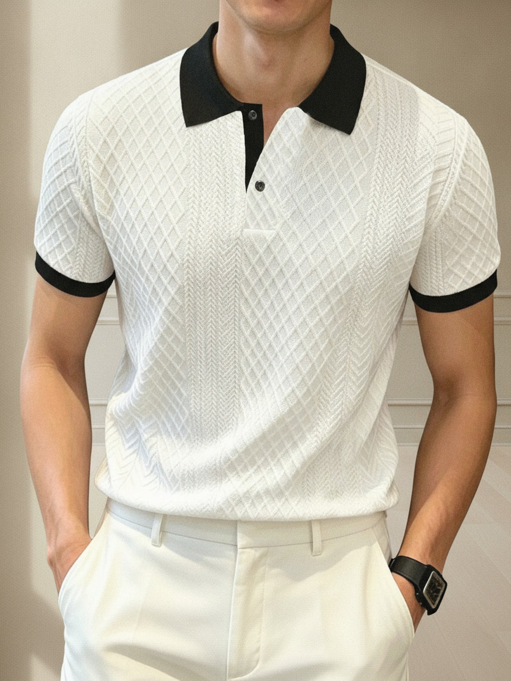 Contrast-collar jacquard polo